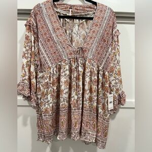 Brand New Free People Bohemian Floral Blouse - Pink and Yellow